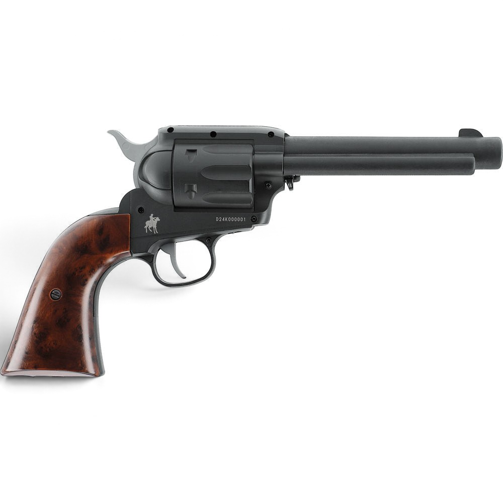 id-paintball Marlin CO2-Revolver in mattschwarz mit Griffschalen in Holzoptik im klassischen Western-Design