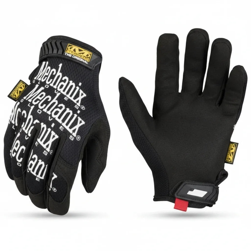 id-paintball Mechanix The Original Handschuhe in Schwarz mit weissem Logo, atmungsaktivem Handrücken und Klettverschluss.