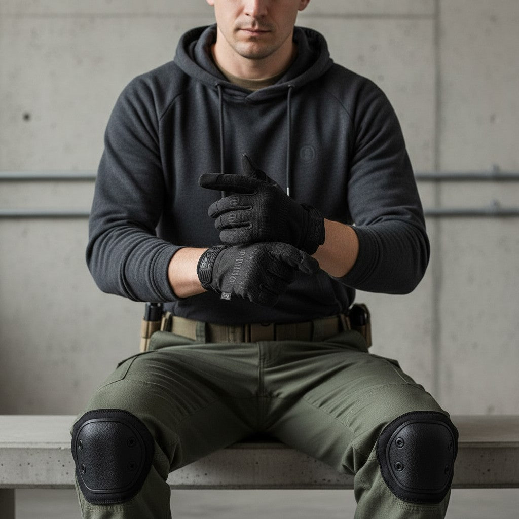 id-paintball MECHANIX Original Handschuhe in Schwarz, getragen von einem Mann in taktischer Ausrüstung.