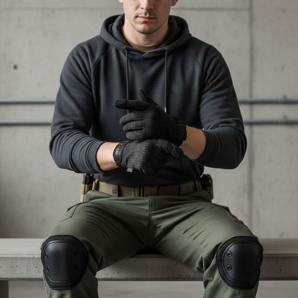 id-paintball MECHANIX Original Handschuhe in Schwarz, getragen von einem Mann in taktischer Ausrüstung.