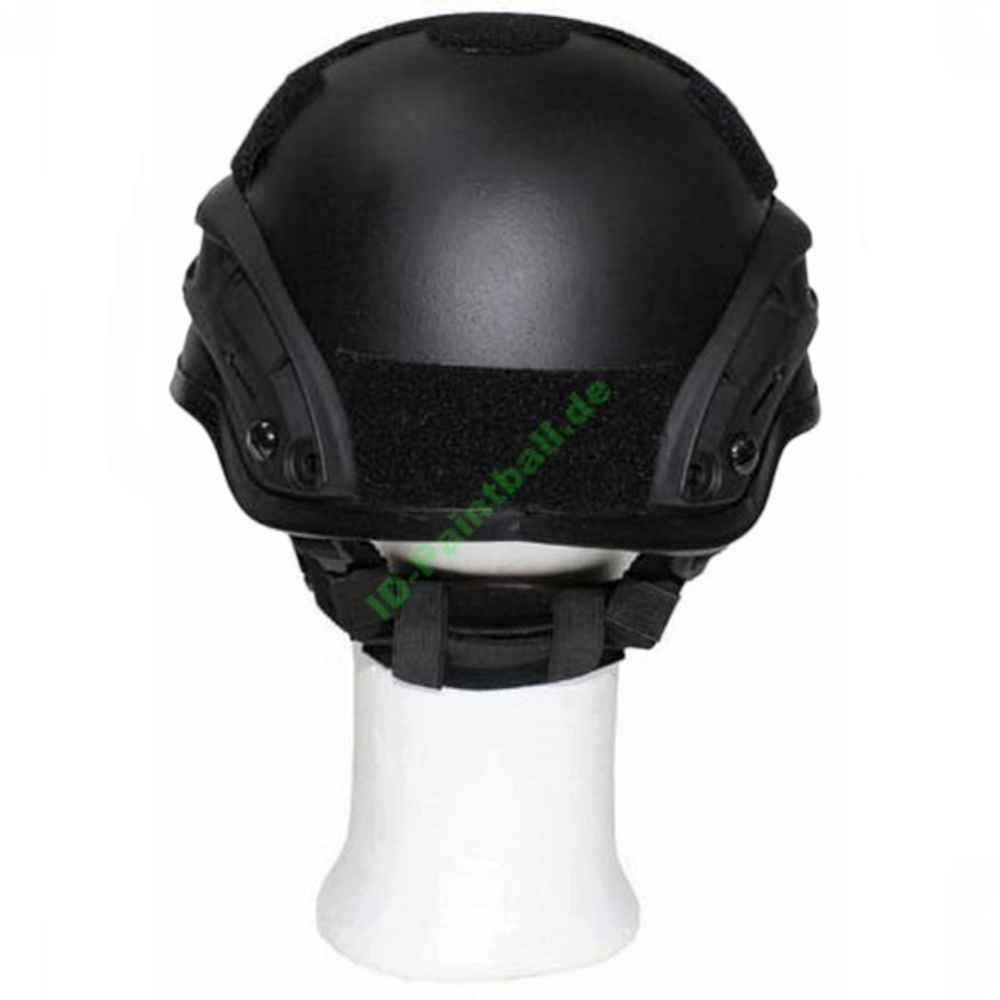 id-paintball MICH 2002 Deko-Helm aus schwarzem ABS-Kunststoff mit seitlichen Rails und Klettflächen, Rückansicht