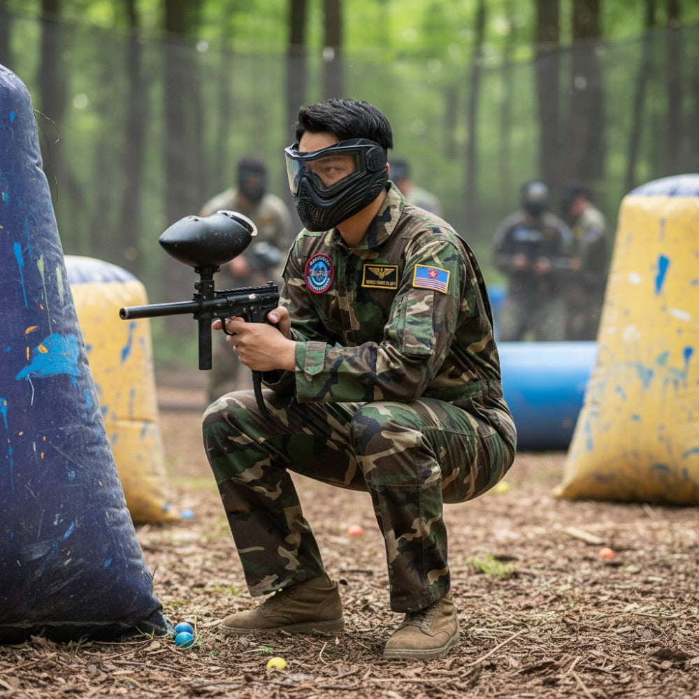 id-paintball Mil-Tec Woodland Fliegerkombi Overall bei einem Paintball-Spiel mit Markierer und Schutzmaske