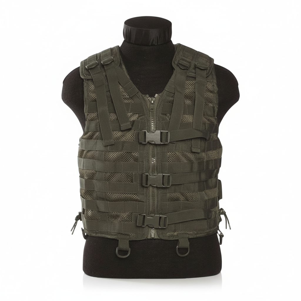 id-paintball Molle Trägerweste in Olivgrün mit Mesh-System, Frontreißverschluss, Schnallen und D-Ringen auf Schneiderpuppe