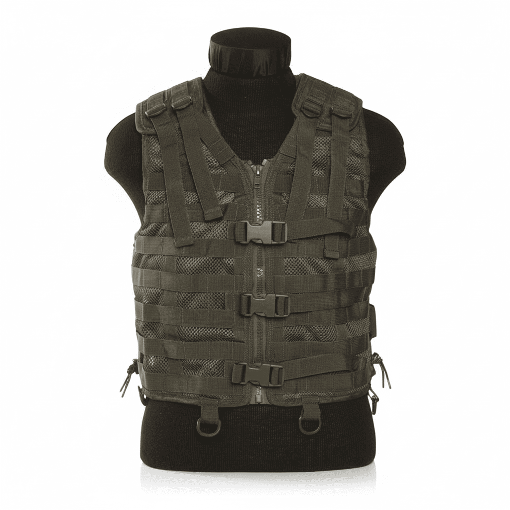 id-paintball Molle Trägerweste in Olivgrün mit Mesh-System, Frontreißverschluss, Schnallen und D-Ringen auf Schneiderpuppe