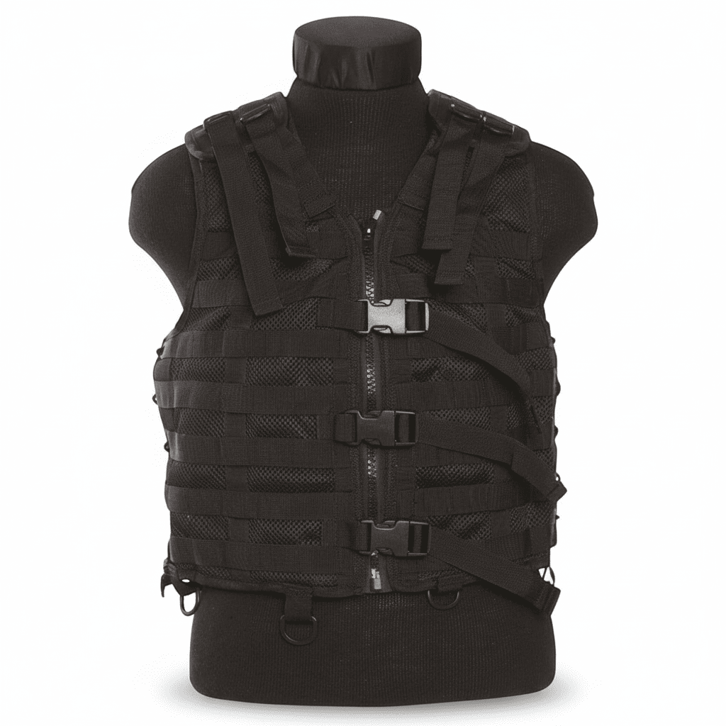 id-paintball Molle Trägerweste in Schwarz mit Mesh-System, Frontreißverschluss, verstellbaren Schnallen und D-Ringen.