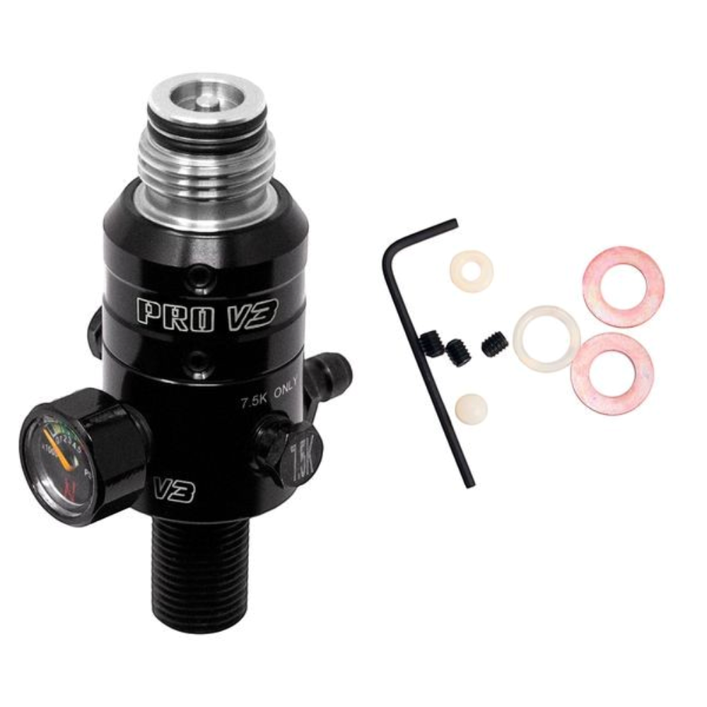 id-paintball Ninja PRO V3 HP Regulator in Schwarz und Silber mit Manometer, Edelstahlgewinde und Ersatzteilset