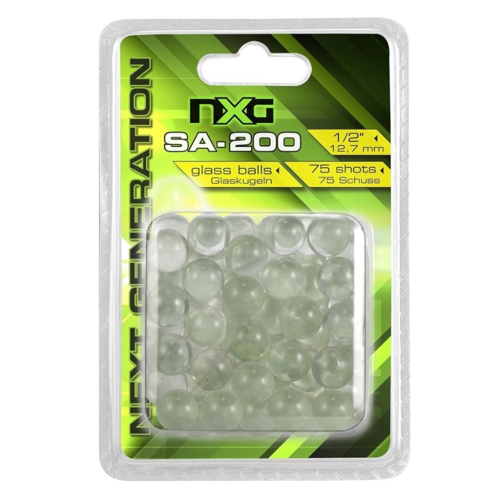 id-paintball NXG Glaskugeln SA-200 in der Blisterverpackung mit 75 Stück à 12,7 mm für Steinschleudern