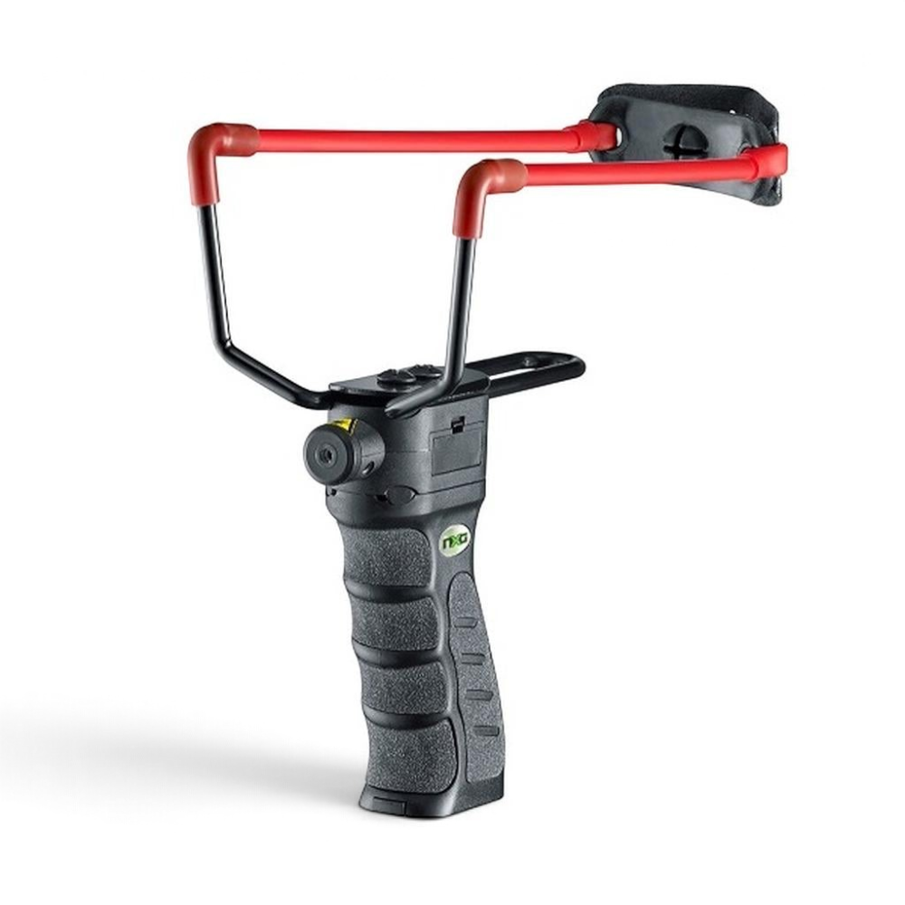 id-paintball NXG PSS-200 Präzisionsschleuder mit Ziellaser, strukturiertem Griff und roten Wurfarmen für Outdoor-Sport