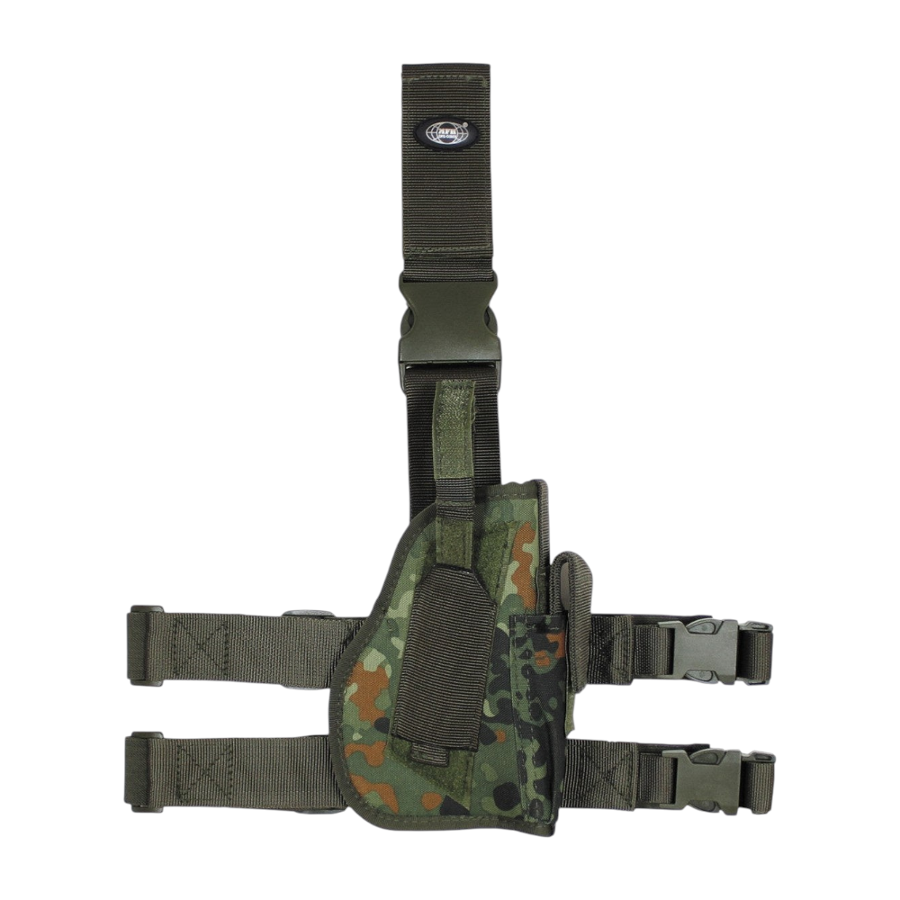 id-paintball Oberschenkelholster in Flecktarn mit Magazintasche, verstellbaren Gurten und Sicherungsriemen aus Polyester