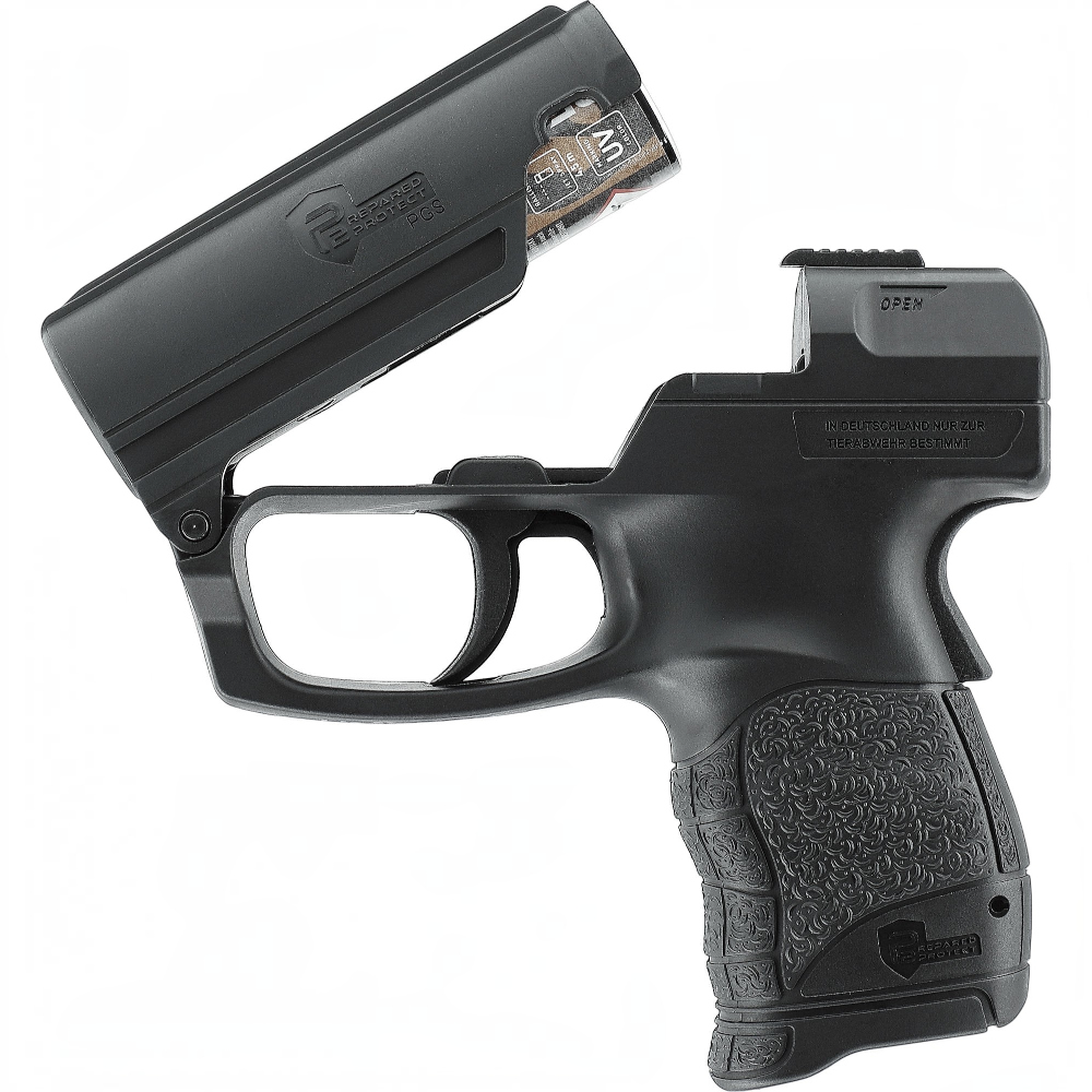 id-paintball P2P PGS I Personal Defense Pistol in Schwarz mit geöffnetem Kipplaufsystem und Pfefferspraykartusche