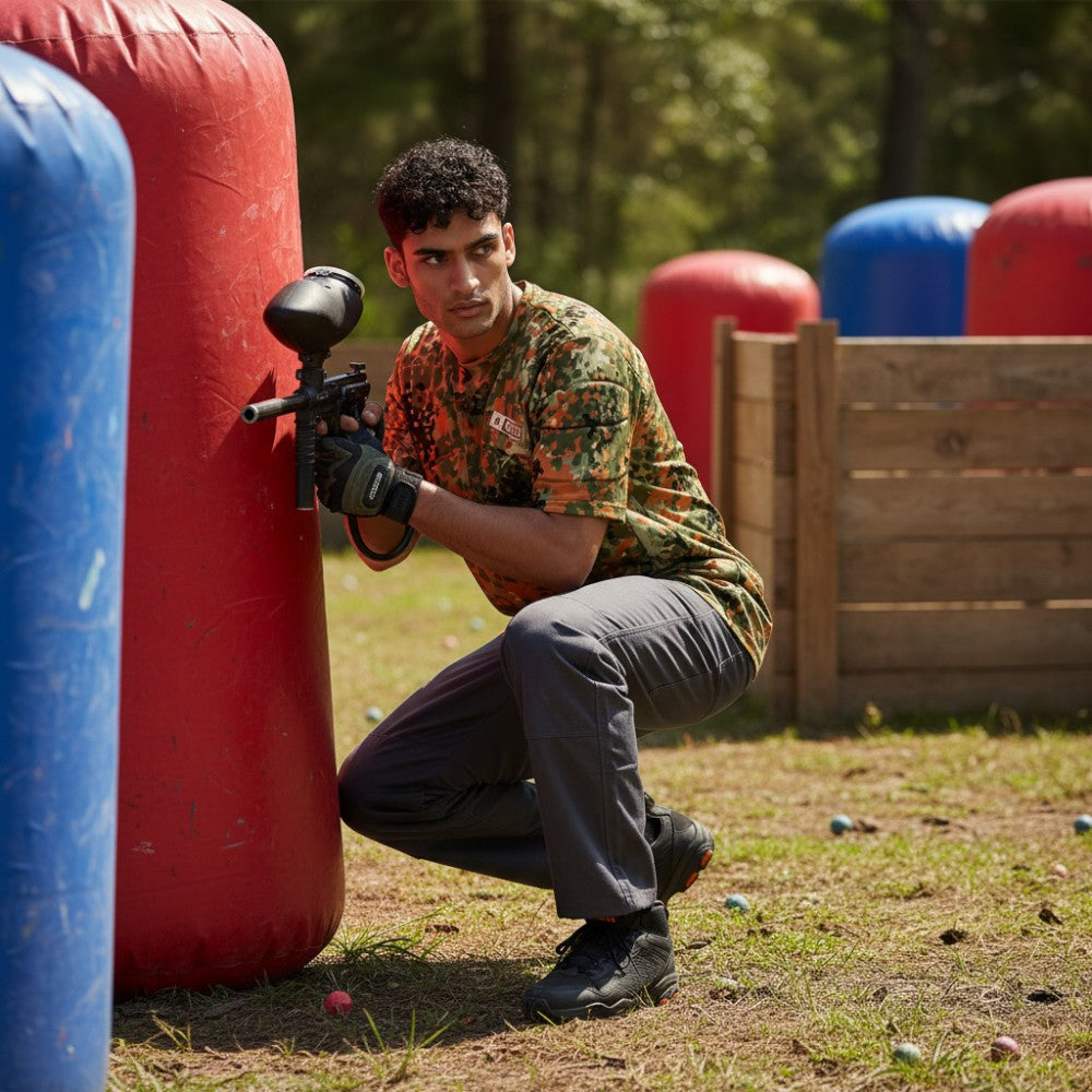 id-paintball Paintball Brustpanzer in Flecktarn-Optik getragen von einem Spieler in Deckung auf einem Spielfeld