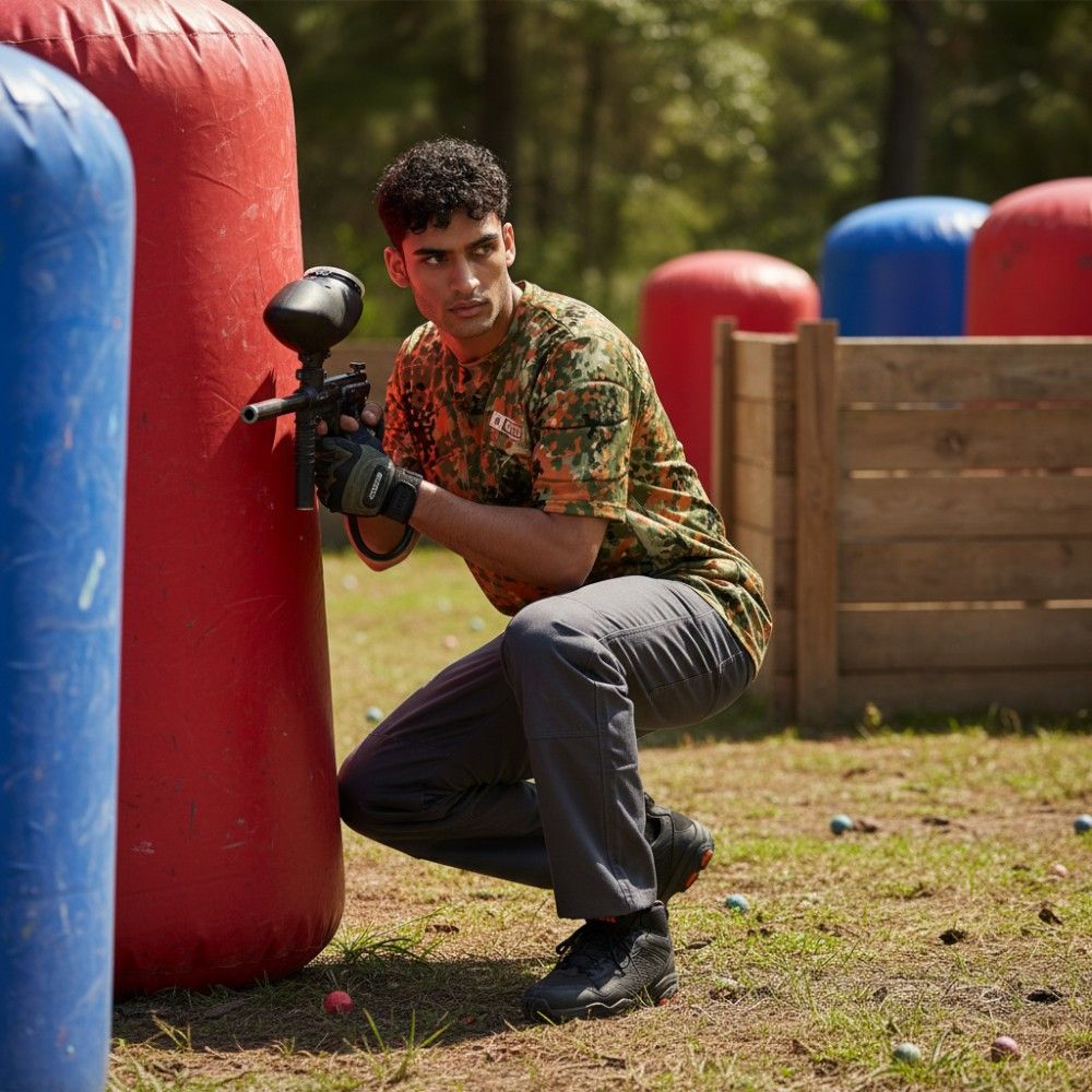 id-paintball Paintball Brustpanzer in Flecktarn-Optik getragen von einem Spieler in Deckung auf einem Spielfeld