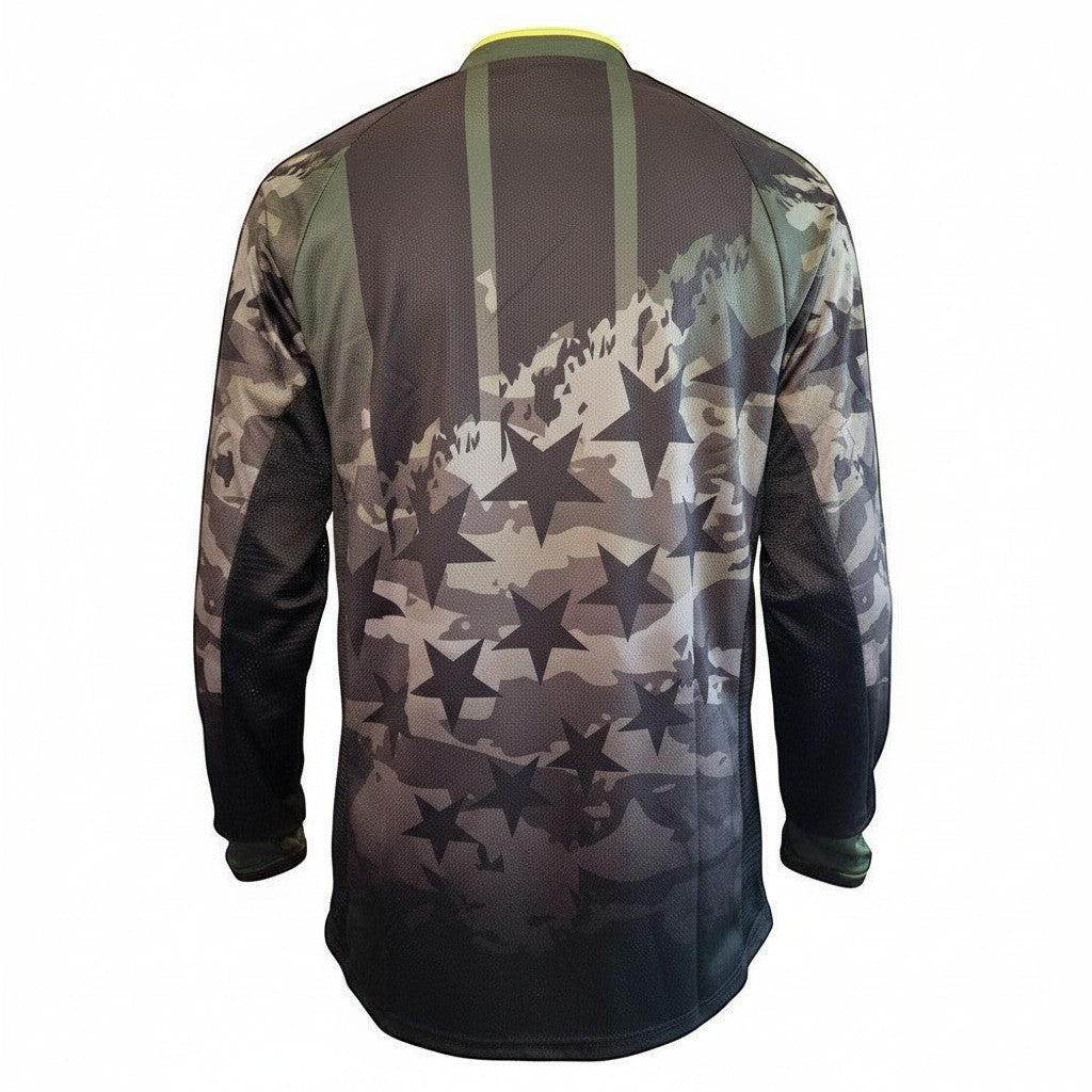 id-paintball Custom Paintball Jersey Star in Camouflage mit Sternenmuster, Rückansicht in Schwarz, Grau und Oliv