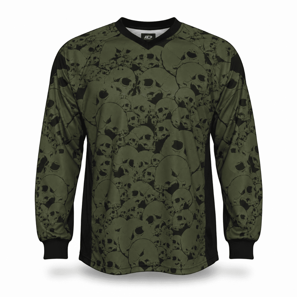 id-paintball The Skulls Oliv Paintball Trikot in Olivgrün mit Totenkopf-Muster, gepolstert und atmungsaktiv.