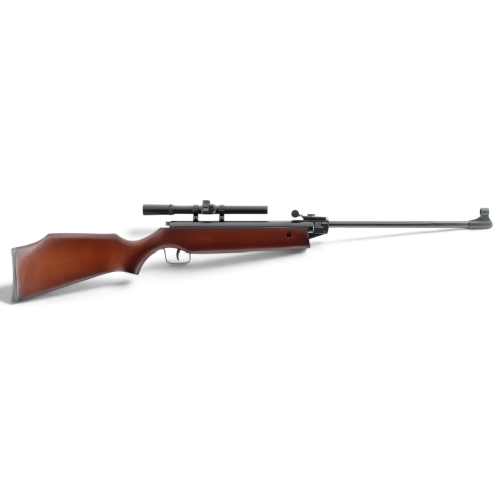 id-paintball Perfecta 45 Luftgewehr mit Holzschaft, Knicklauf und montiertem Zielfernrohr für das Sportschießen.
