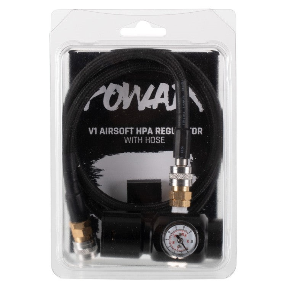 id-paintball PowAir V1 HPA Regulator mit schwarzem Schlauchsystem und Manometer in der Originalverpackung