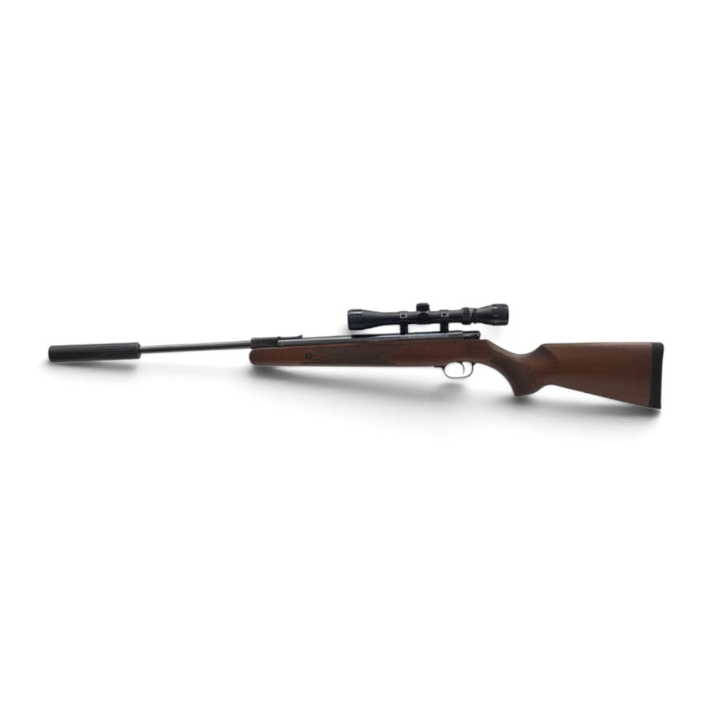 id-paintball Remington Express XP Luftgewehr mit 3-9x32 Zielfernrohr und Schalldämpfer in Seitenansicht