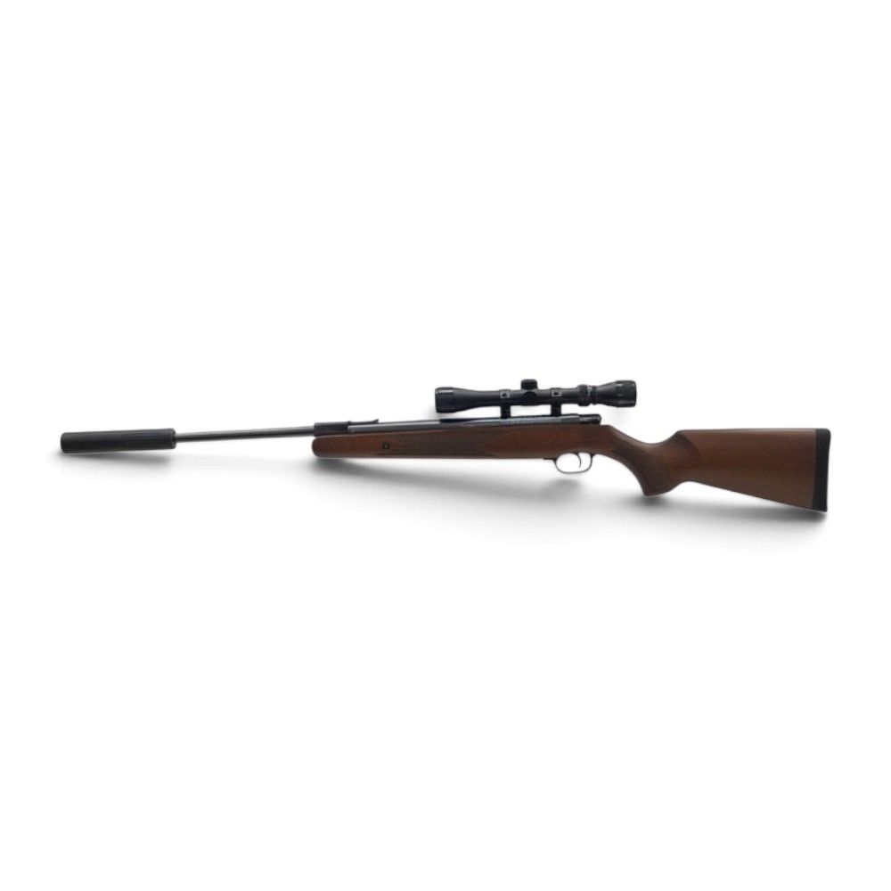 id-paintball Remington Express XP Luftgewehr mit 3-9x32 Zielfernrohr und Schalldämpfer in Seitenansicht