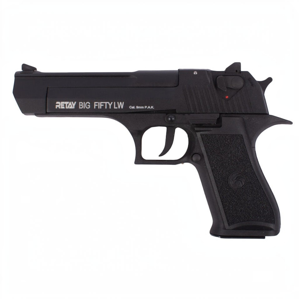 id-paintball Retay Big Fifty LW Schreckschusspistole in brüniertem Schwarz mit Polymer-Griffstück im Kaliber 9mm P.A.K.