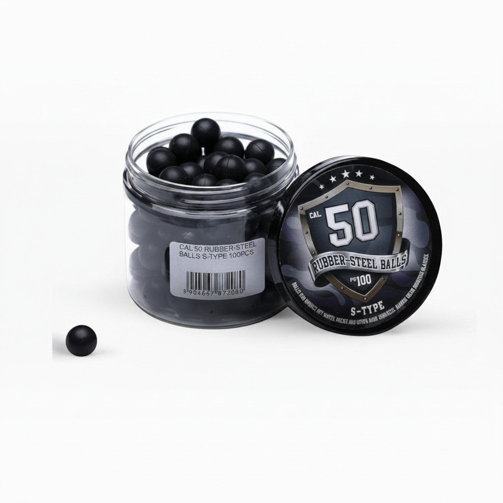 id-paintball Rubberballs Cal. 50 S-Typ aus Stahl-Gummi-Mischung in schwarzer Dose mit 100 Stück Inhalt