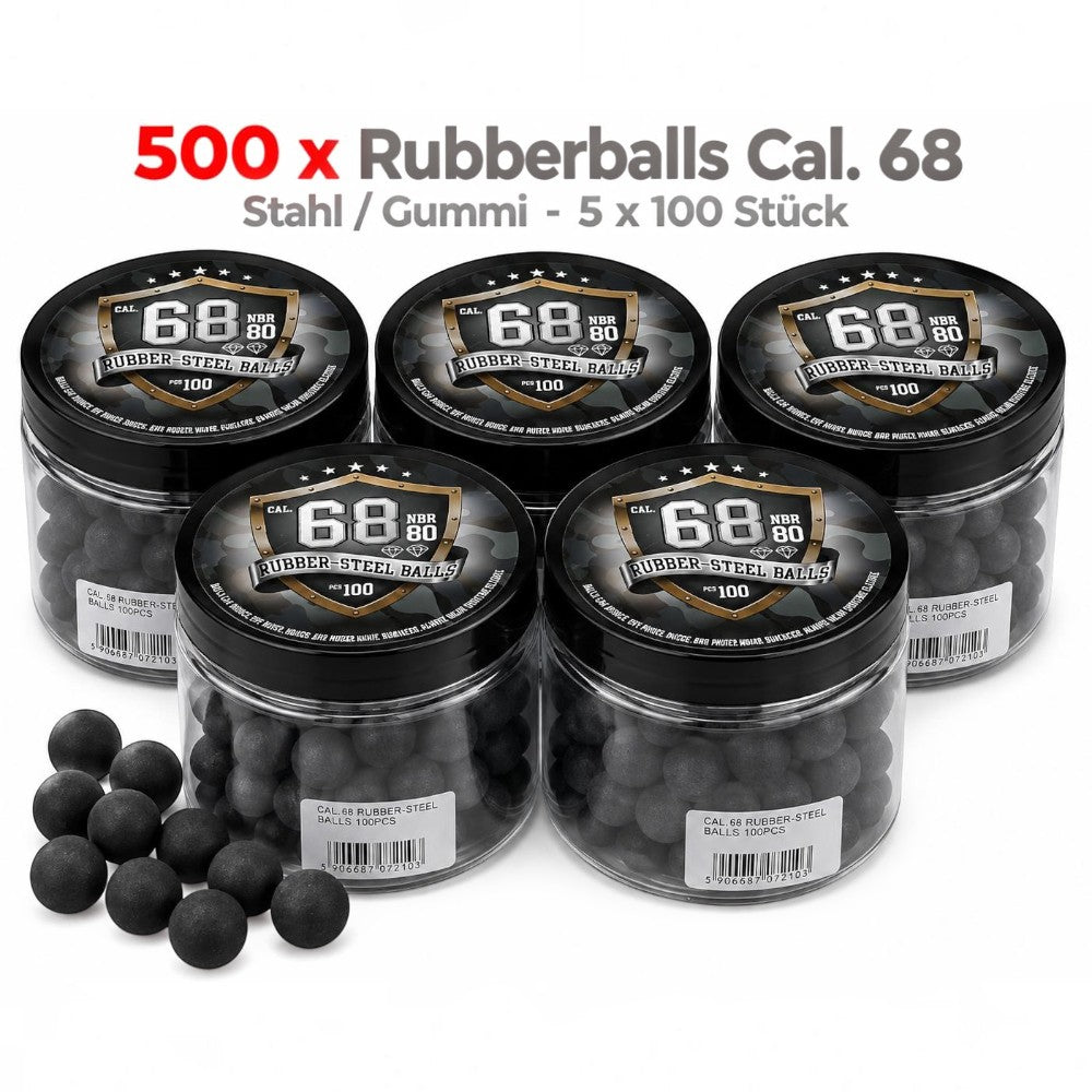 id-paintball 500 schwarze Rubberballs Kaliber 68 aus Stahl-Gummi-Gemisch in fünf Vorratsdosen für Paintball Markierer