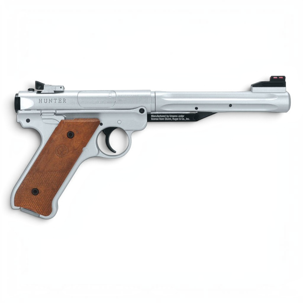 id-paintball Ruger Mark IV Luftpistole in Silber mit braunen Holzgriffschalen, Knicklauf und Fiberoptik-Visierung.
