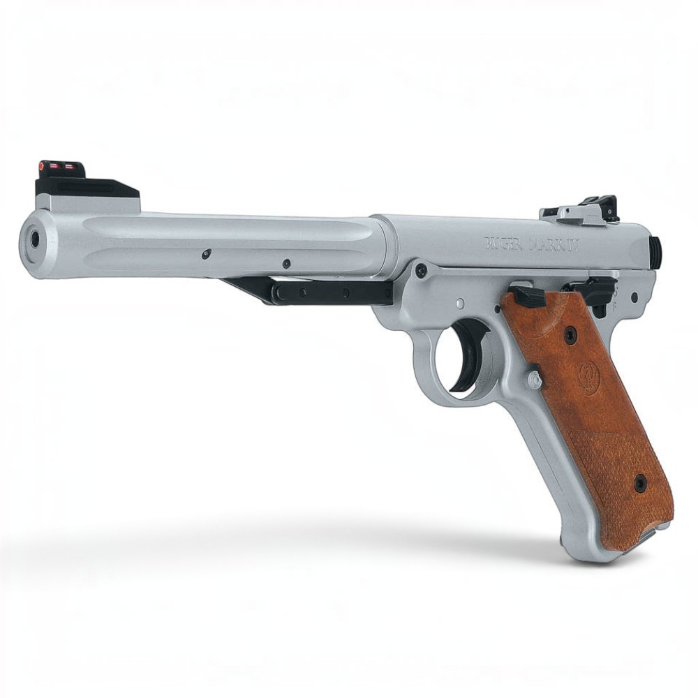 id-paintball Ruger Mark IV Luftpistole in Silber mit braunen Holzgriffschalen und Fiberoptik-Korn