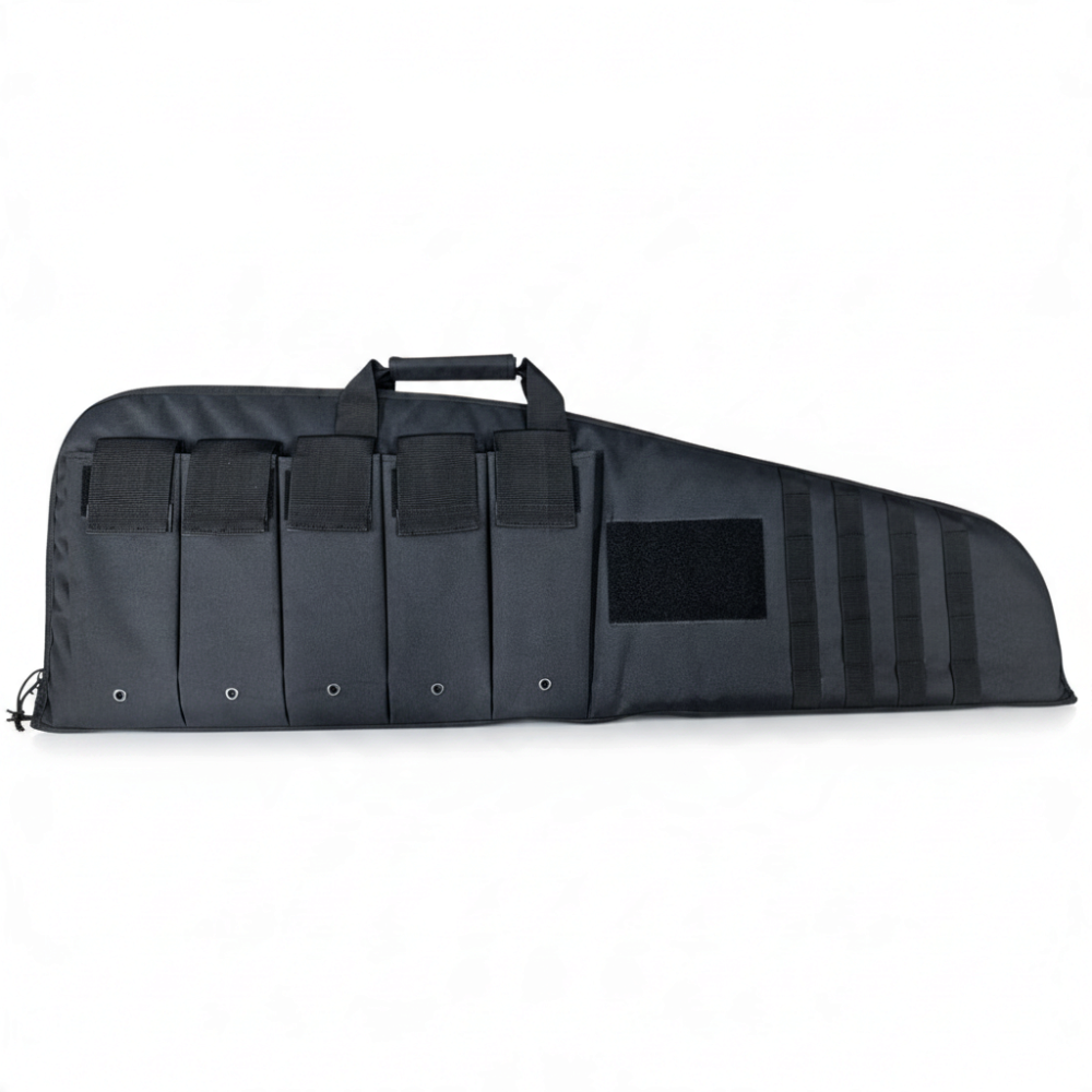 id-paintball Waffentasche Medium aus schwarzem Polyester mit fünf Außentaschen, Molle-Schlaufen und Klettpatch