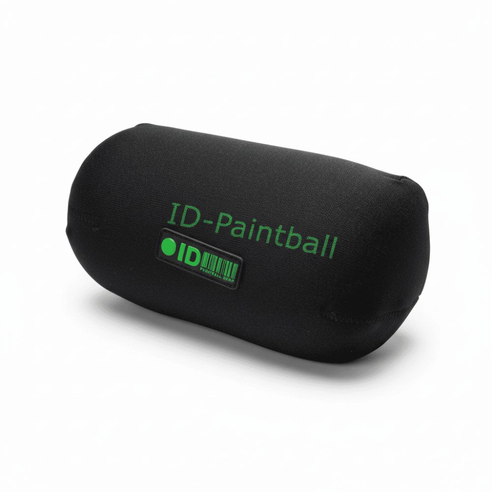 Schwarzes id-paintball Bottle-Cover für HP-Flaschen mit grünem Logo und robustem Reißverschluss