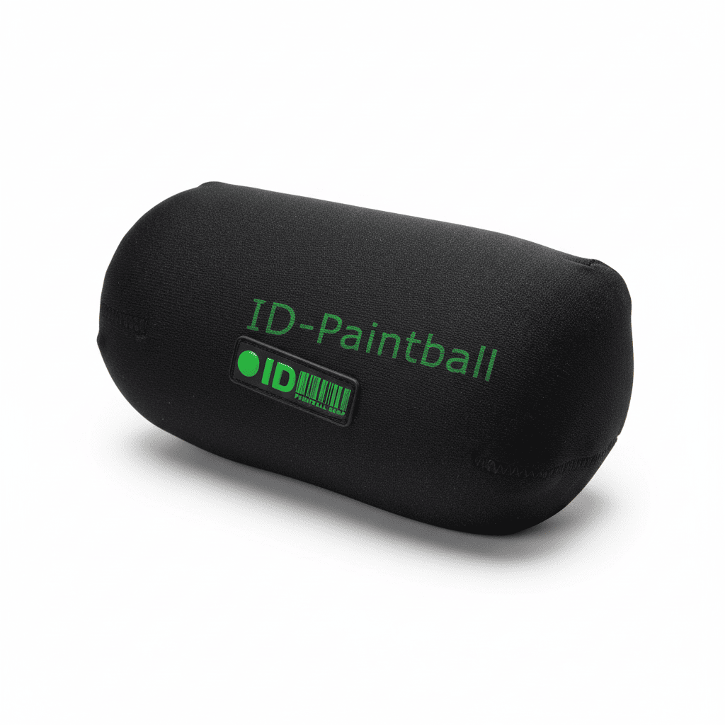 Schwarzes id-paintball Bottle-Cover für HP-Flaschen mit grünem Logo und robustem Reißverschluss