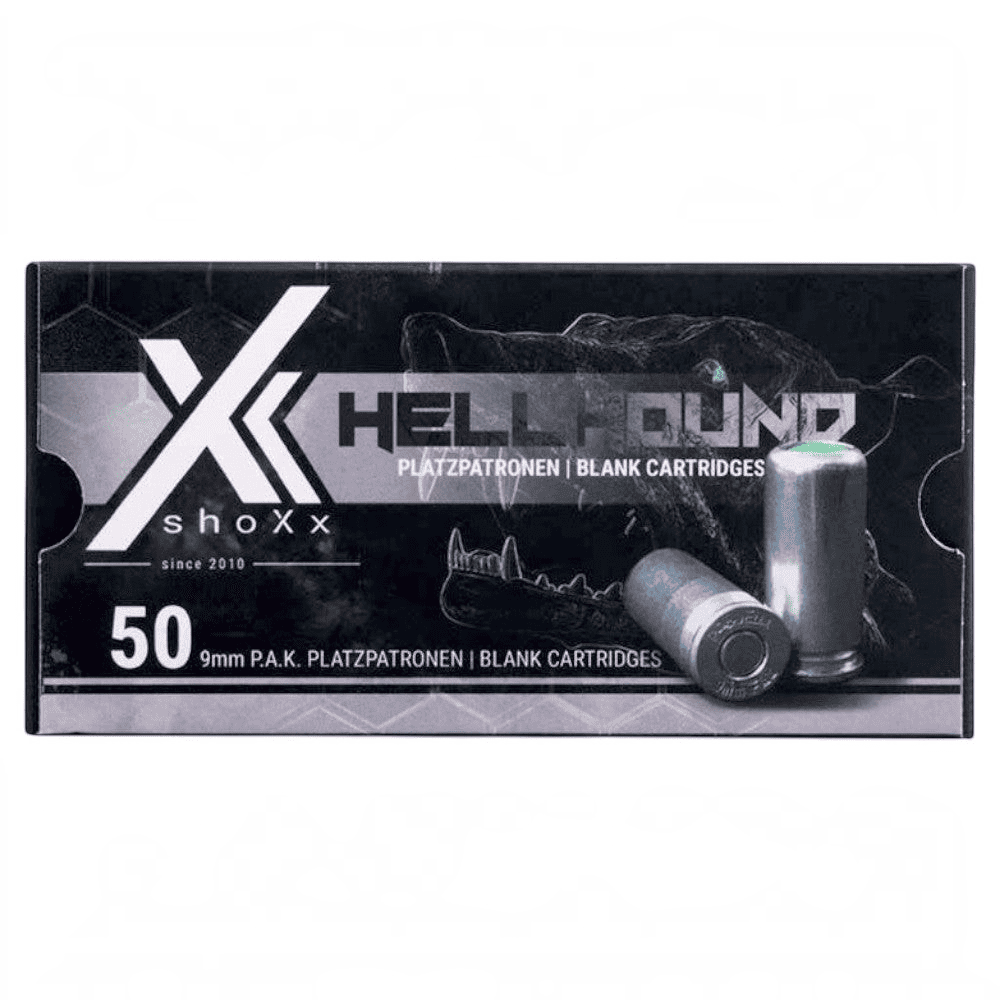 id-paintball shoXx Hellhound 9mm P.A.K. Platzpatronen in einer schwarzen 50er Packung für Schreckschusswaffen