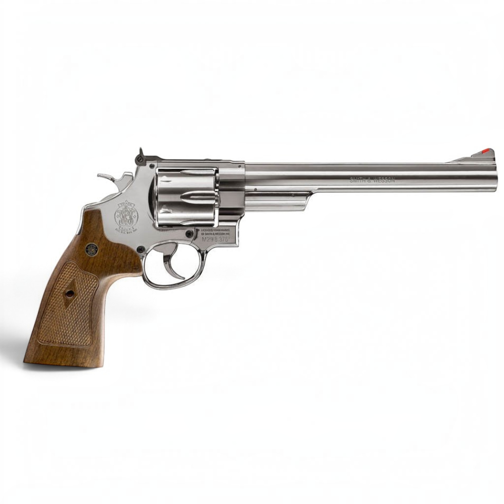 id-paintball Smith & Wesson M29 CO2-Revolver mit 8 3/8 Zoll Lauf, Vollmetall-Finish und Griffschalen in Holzoptik.