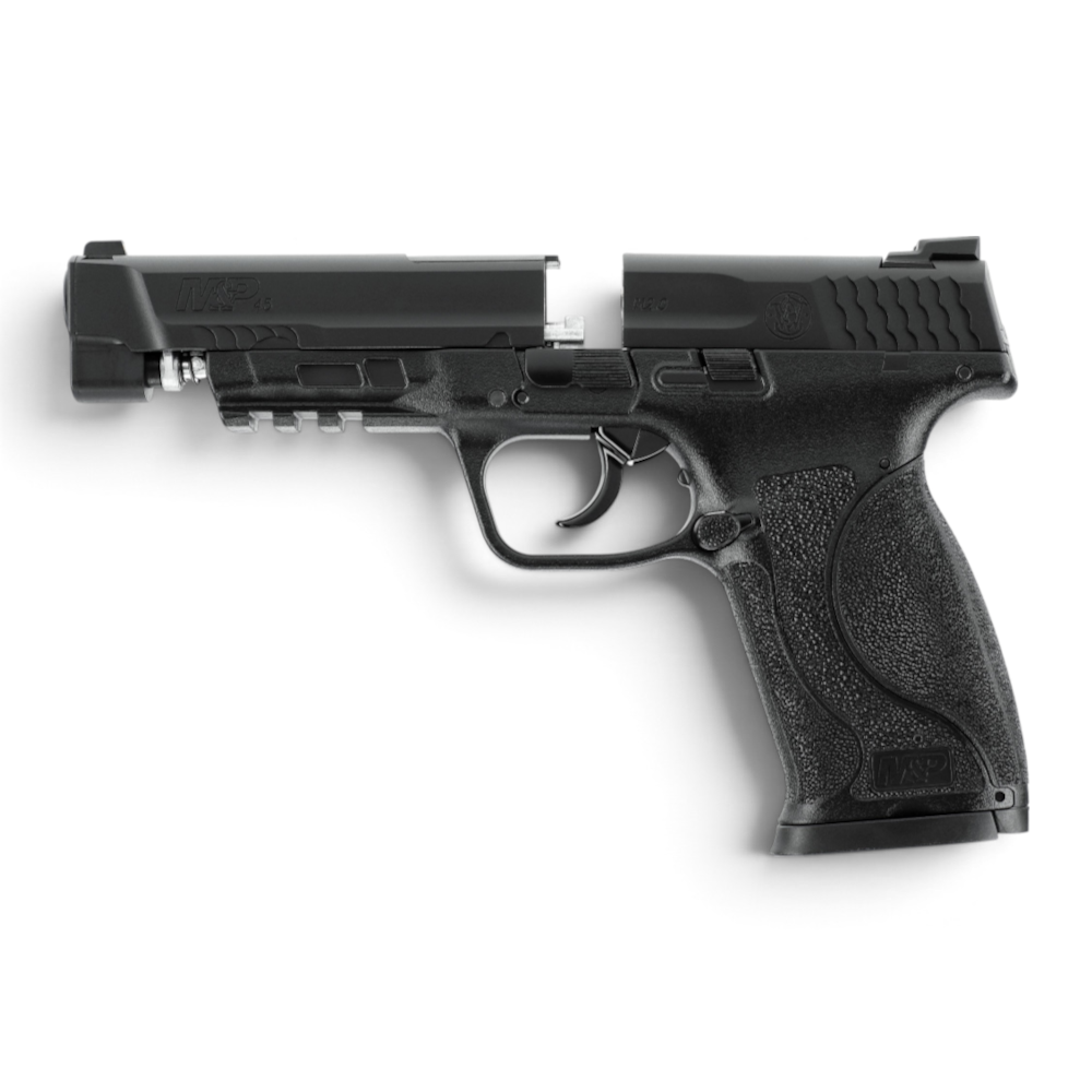 id-paintball Smith & Wesson M&P45 M2.0 CO2-Pistole in Schwarz mit geöffnetem Schlitten und Picatinny-Schiene