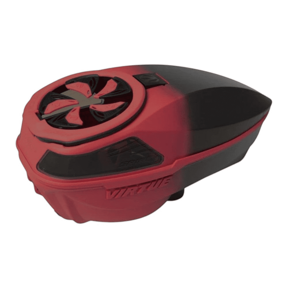 id-paintball Virtue Spire 5 Paintball Hopper in Rot-Schwarz-Farbverlauf mit robustem Nylon-Gehäuse