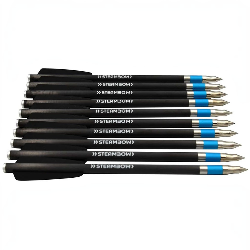 id-paintball Steambow Carbonpfeile AR-Series mit schwarzem Hybridschaft, Edelstahlspitze und blauem Aluminiumring