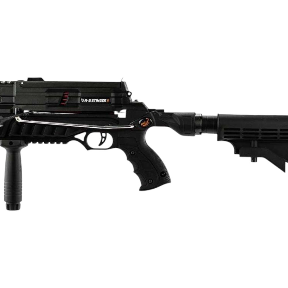 id-paintball Steambow AR-6 Stinger II Tactical Armbrust in Schwarz mit verstellbarer Schulterstütze und Frontgriff