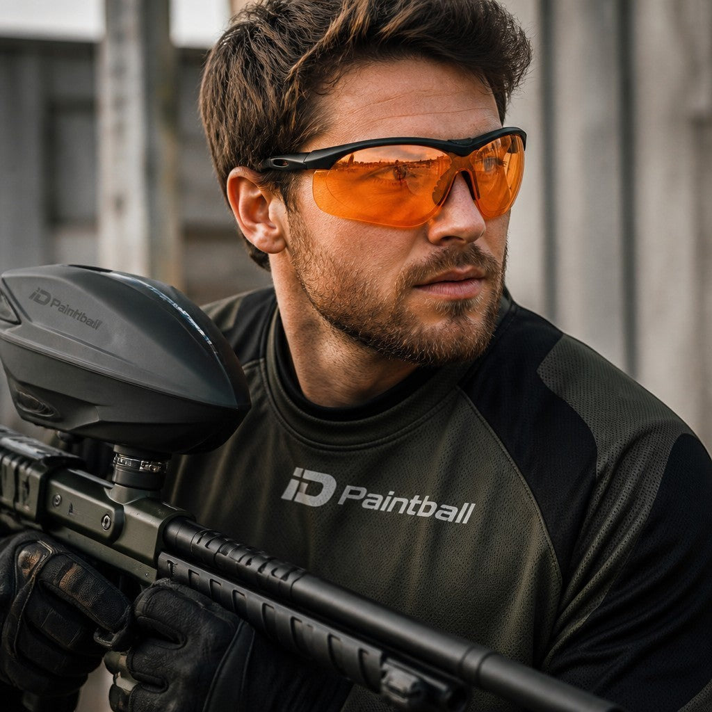 id-paintball Swiss Eye Lancer Schutzbrille mit orangen Gläsern und schwarzem Rahmen bei einem Paintball-Spieler