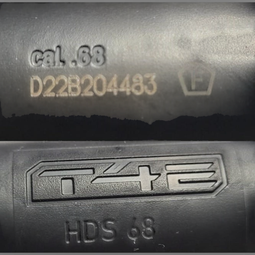 id-paintball T4E HDS 68 Markierung mit Kaliber .68 Gravur und F-Zeichen auf dem schwarzen Gehäuse