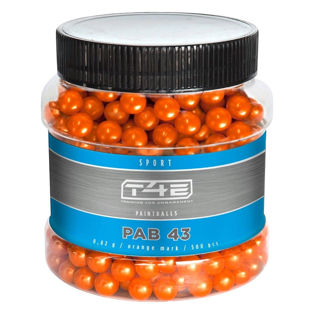 id-paintball T4E Sport PAB 43 cal Paintballs in einer 500er Dose mit leuchtend orangefarbenen Markierungskugeln