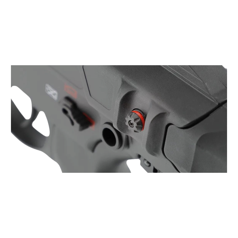 id-paintball T4E TC .68 Paintball Markierer Detailansicht mit rotem Druckindikator am schwarzen Gehäuse