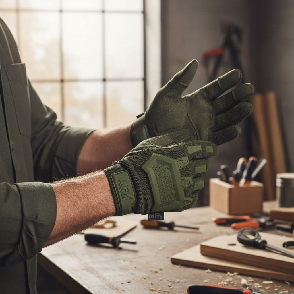 id-paintball Tactical Vollfingerhandschuhe in Olivgrün mit Knöchelschutz und Klettverschluss bei der Arbeit in der Werkstatt