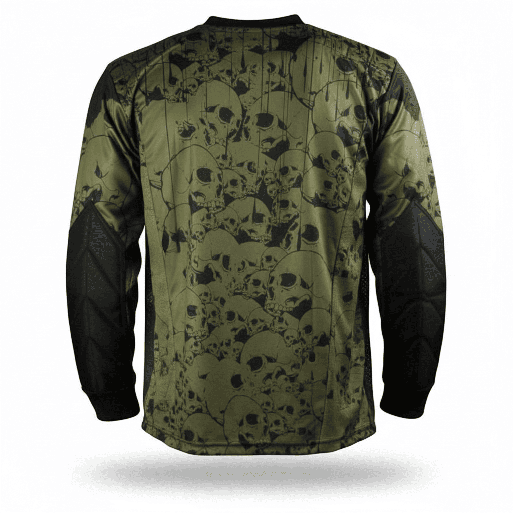 id-paintball The Skulls Paintball Trikot in Oliv mit Totenkopf-Muster, Schulterpolstern und atmungsaktivem Material