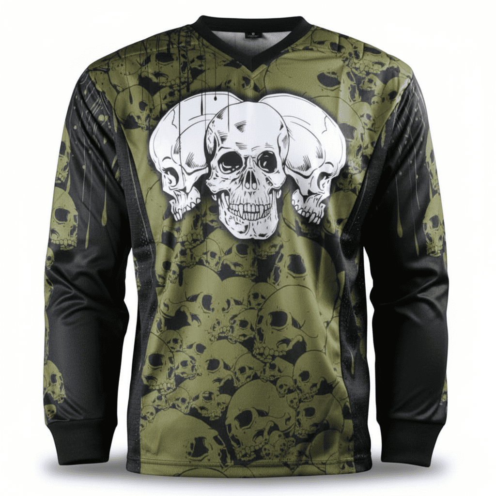 id-paintball The Skulls Paintball Trikot in Oliv mit Totenkopf-Print, Schulterpolstern und atmungsaktivem Material