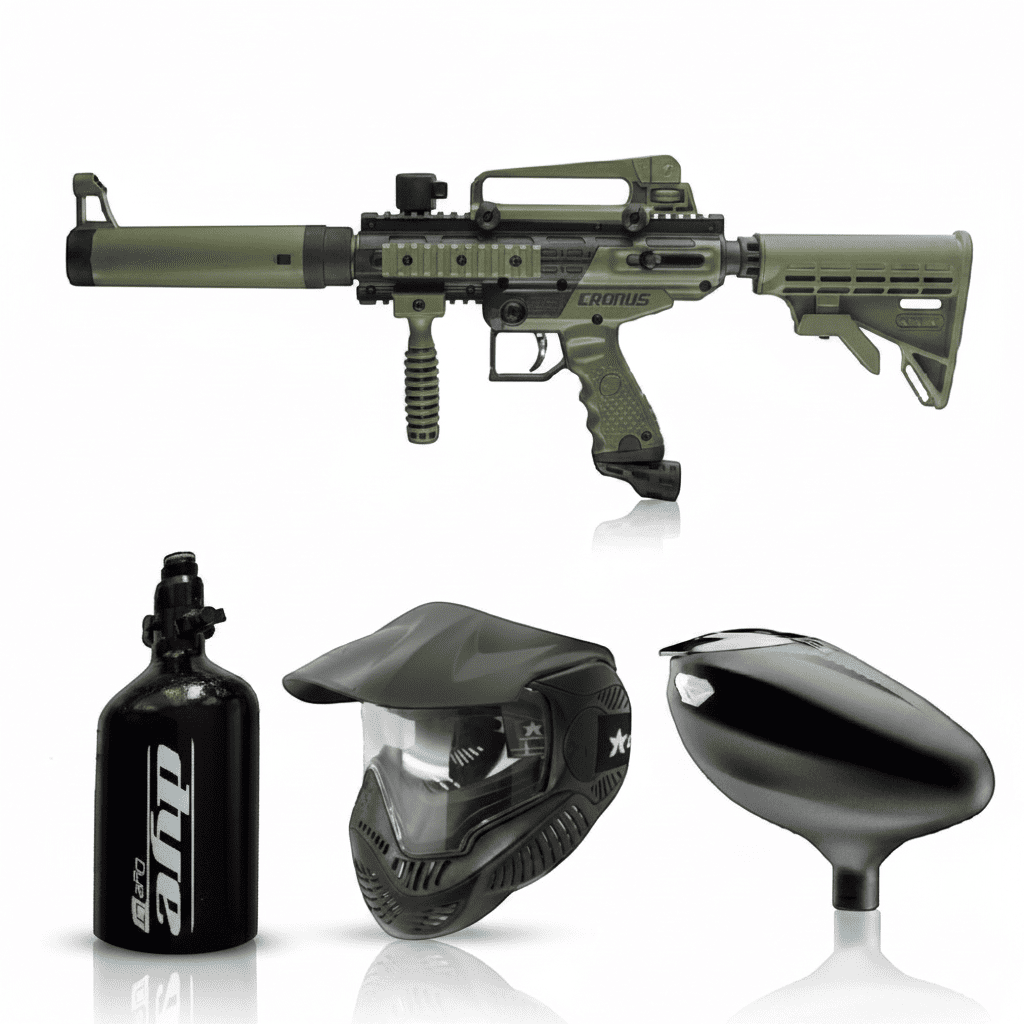 id-paintball Tippmann Cronus Tactical Paintball Set in Oliv mit Dye Maske, HP-System und Schüttelhopper