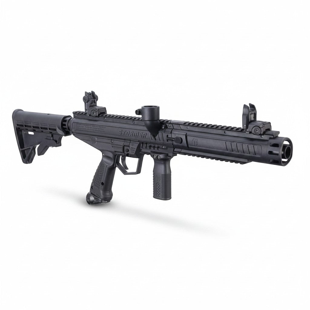 id-paintball Tippmann Stormer Tactical Paintball Markierer in Schwarz mit verstellbarer Schulterstütze und Picatinny-Schiene