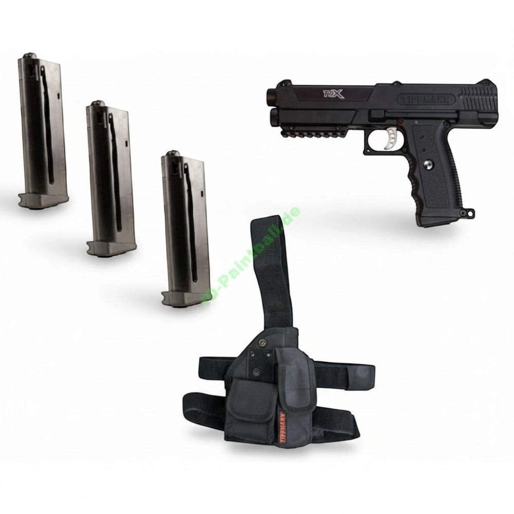 id-paintball Tippmann TiPX Deluxe Kit in Schwarz mit Paintball-Pistole, drei Magazinen und einem Holster
