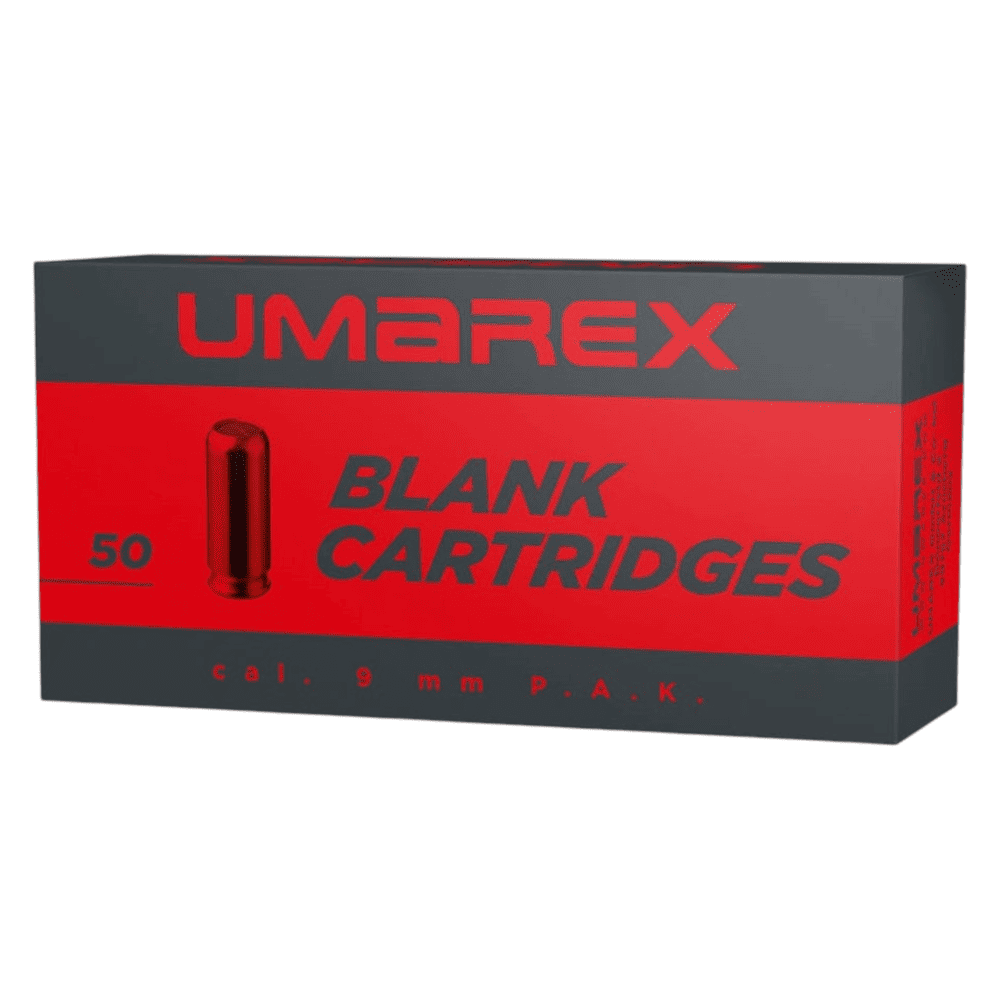 id-paintball Umarex 9mm P.A.K. Platzpatronen in einer 50er Packung mit rotem und schwarzem Design