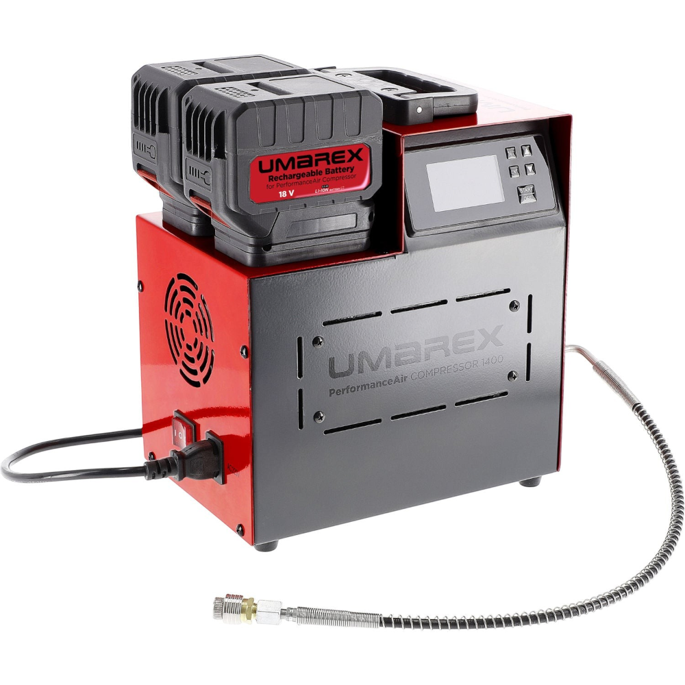 id-paintball Umarex PerformanceAir 1400 PCP-Kompressor in Rot und Schwarz mit zwei Akkus und digitalem Display