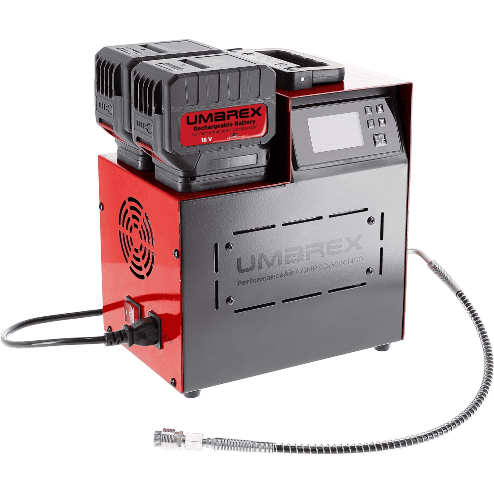 id-paintball Umarex PerformanceAir 1400 PCP-Kompressor in Rot und Schwarz mit zwei Akkus und digitalem Display