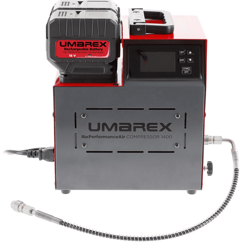 id-paintball Umarex PerformanceAir 1400 PCP-Kompressor in Rot und Grau mit Akkubetrieb und digitalem Display